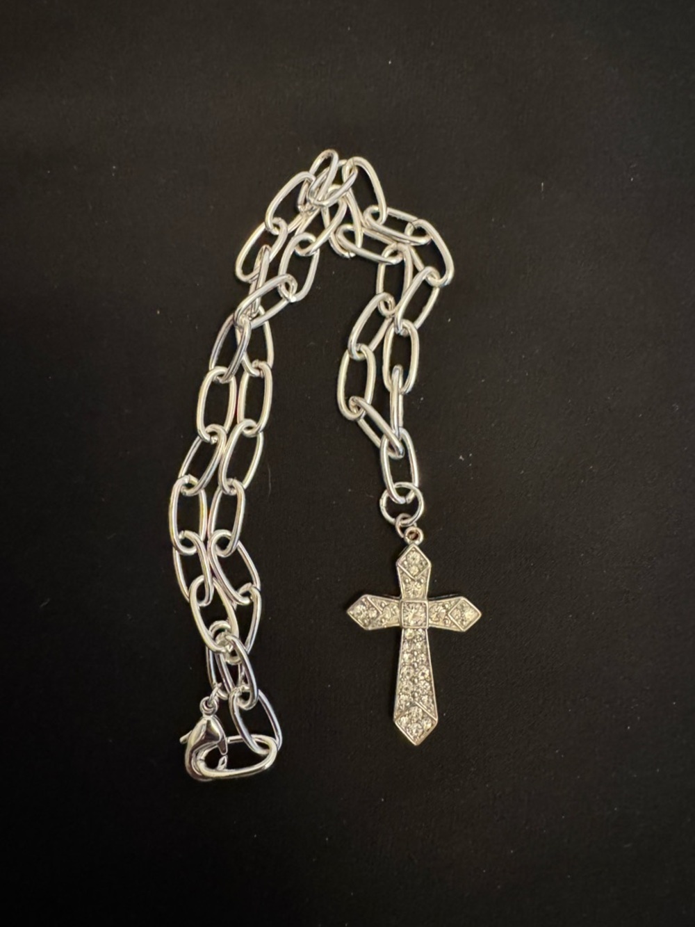 Silver Rhinestone Cross with Paperclip Chain